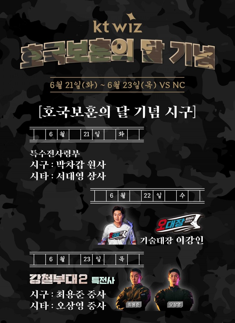 kt 위즈, 21~23일 NC전에 다채로운 시구 행사 마련…축구 국가대표 이강인 등 '강철부대' 출연진들이 시구에 참여해