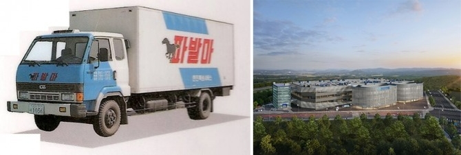 한진택배 사업초기 택배차량 이미지(왼쪽)과 대전 스마트 메가 허브 터미널
