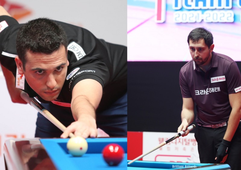 치열한 공방전 끝에 16강에 오른 스페인 양강 사파타(왼쪽)와 마르티네스(사진=PBA. 브릴리언트 빌리아드)ㅈ겅고앙