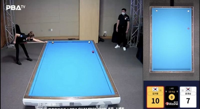 김가영이 세트 포인트 작성을 위해 샷 자세를 취했다.(PBA-TV 캡처)