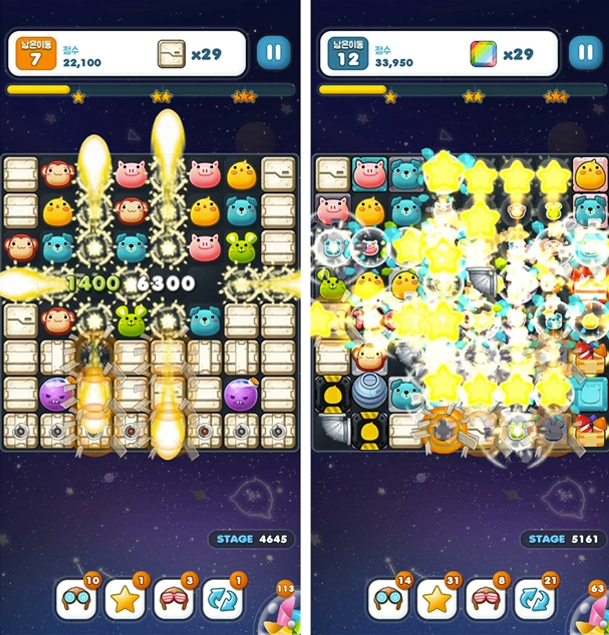 '애니팡2' 리마스터 전(왼쪽)과 후의 이펙트 비교.