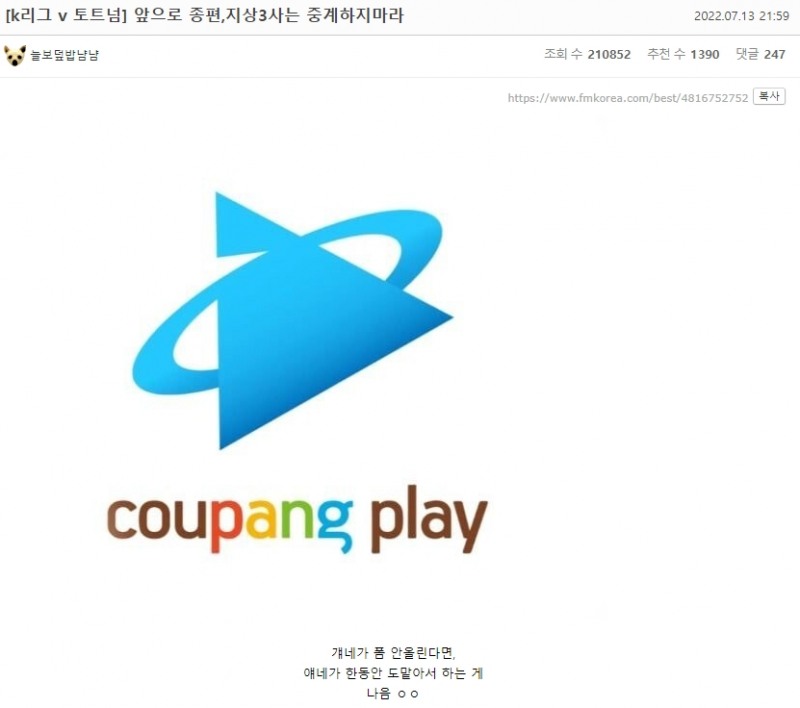 "쿠팡 와우 종신회원 될 것" 온라인 커뮤니티 조회수 300만 폭발시킨 토트넘 경기 화제