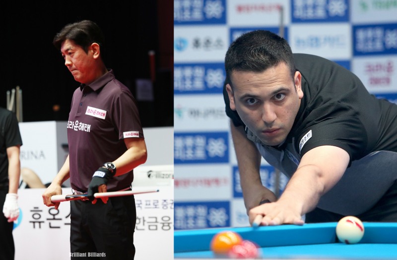 64강에 오른 김재근(왼쪽)과 사파타(사진=브릴리언트 빌리아드. PBA)