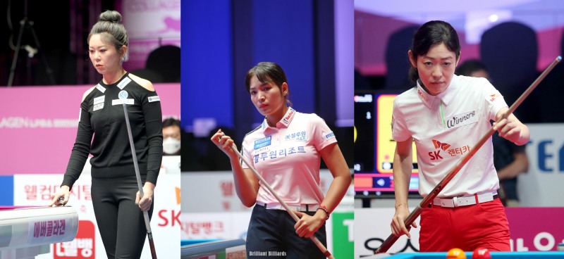 여유있게 16강에 오른 김가영, 스롱, 히다오리에(왼쪽부터. 사진=PBA. 브릴리언트 빌리아드)