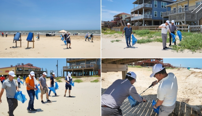(좌측 상단) 지난 11일(현지 시간), SKGC Americas 구성원들이 美 프리포트 공장 근처의 서프사이드 해변에서 산해진미(山海眞美) 플로깅을 실시했다. / (우측 상단) SK지오센트릭 나경수 사장(오른쪽에서 두 번째)이 SKGC Americas 구성원들과 함께 플로깅을 하고있다. / (하단) 서프사이드 해변에서 산해진미 플로깅을 하고 있는 구성원들의 모습