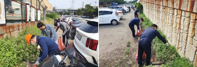 7월 15일, 울산CLX 본관 북문 산업도로에서 울산CLX 및 협력사 구성원들이 ‘산해진미’ 캠페인에 동참해 길가에 버려진 쓰레기를 수거하고 있다.