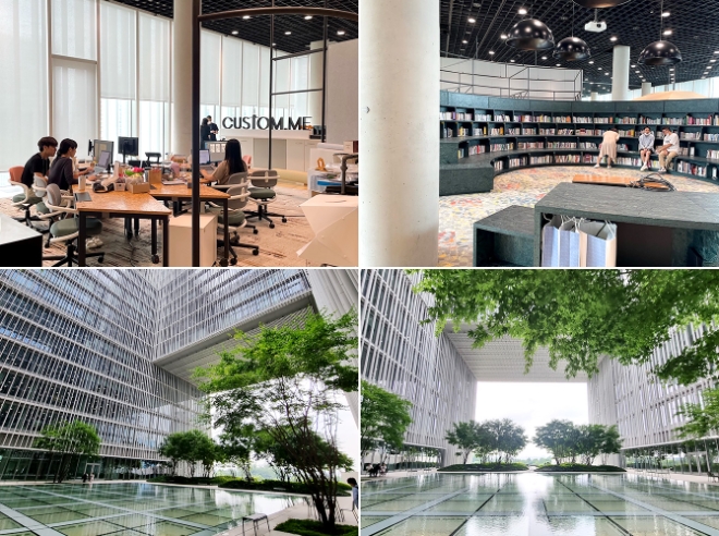 (상단) 아모레퍼시픽 본사 사옥 내 업무 공간 / (하단) 아모레퍼시픽 본사 사옥 건물 중간에 자리한 정원(중정)