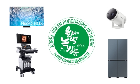 (사진 왼쪽 위부터 시계방향으로) Neo QLED 8K TV, 포터블 스크린 '더 프리스타일', 비스포크 냉장고 4도어, 초음파 영상 진단 시스템 'V7'