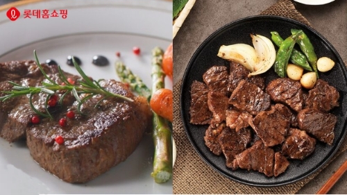 롯데홈쇼핑은 고물가로 인한 외식비 부담으로 간편식 수요가 급증함에 따라 고품질 육류 간편식 판매를 확대한다. (왼쪽부터) '최현석의 프리미엄 척아이롤 구이', '해운대 암소갈비 양념 소갈빗살'
