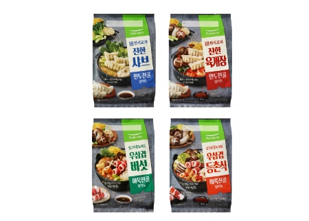 풀무원이 선보인 신선 ‘전골 밀키트’ 4종(시계방향으로 ‘진한 샤브 만두’, ‘진한 육개장 만두’, ‘우삼겹 등촌식 어묵’. ‘우삼겹 버섯 어묵’)