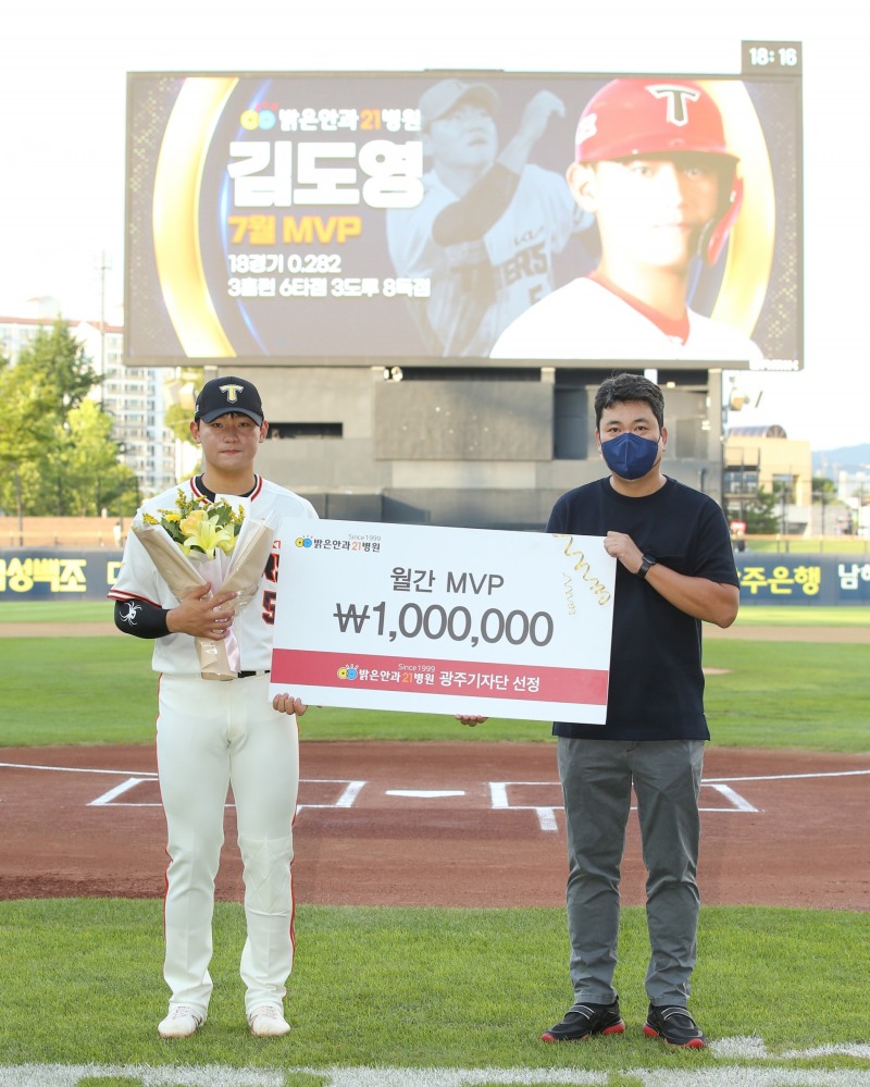 KIA 타이거즈 새내기 김도영, 밝은안과21병원 7월 MVP에 첫 선정돼…시상금 일부는 이웃돕기 성금 기부