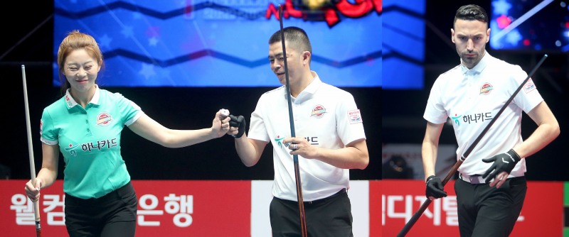 복식 패전을 단식 승리로 만회한 김가영,응우옌,카시도코스타스(왼쪽부터. 사진=PBA)