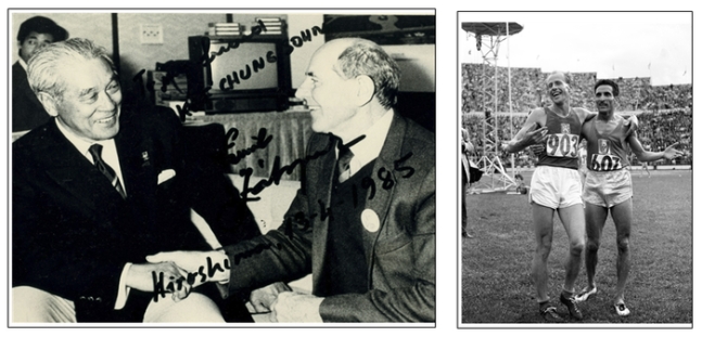 (좌)1985년 동경 월드컵 국제마라톤대회에서 만난 손기정과 에밀 자토펙의 기념촬영, (우)1952년 헬싱키올림픽에서 위대한 라이벌이자 친구사진였던 에밀 자토펙과 알랭미몽
