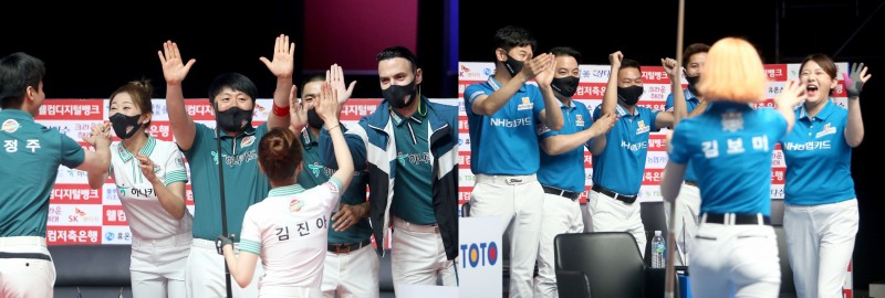 1라운드 1위 하나와 7차전에서 블루원을 잡은 NH의 환호(사진=PBA)