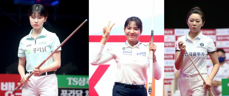 팀 리그 6세트 여 단식에서 엇갈린 길을 걸은 이미래, 스롱, 김가영(왼쪽부터. 사진=PBA)