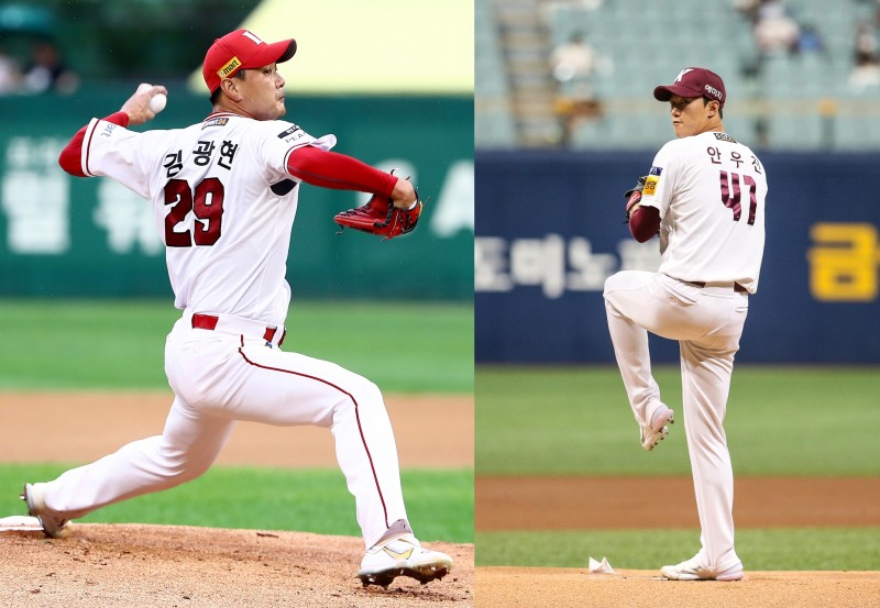 투수로 MVP 후보인 김광현(왼쪽)과 안우진