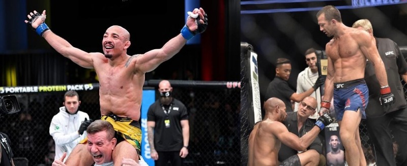 고빗길을 맞이한 알도(왼쪽), 락홀드(사진=UFC. 트위트)