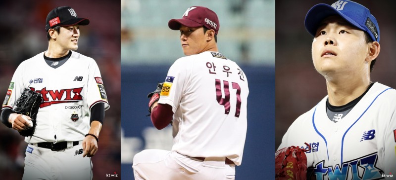 나란히 11승으로 다승 공동 4위 그룹을 형성고 있는 고영표(왼쪽) 안우진(가운데)과 소형준