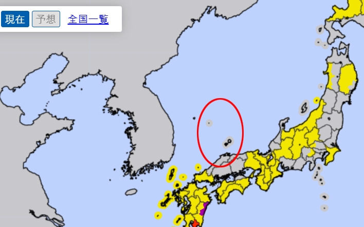 일본 기상청 홈페이지에서 제공되는 태풍 '힌남노' 경보 지도에서 독도를 일본 영토로 표기한 모습 (빨간색 원안)