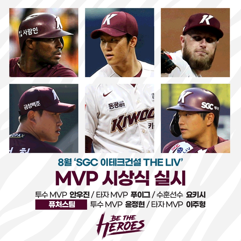 키움 히어로즈, 'SGC이테크건설 THE LIV 8월 MVP’로 투수 안우진과 타자 푸이그 선정…윤정현과 이주형은 퓨처스 MVP에