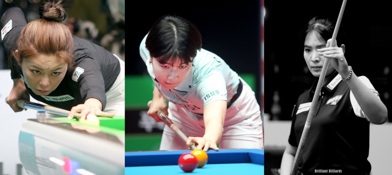1~3위로 16강에 오른 김가영, 이미래, 스롱(왼쪽부터. 사진=PBA.브릴리언트 빌리아드)