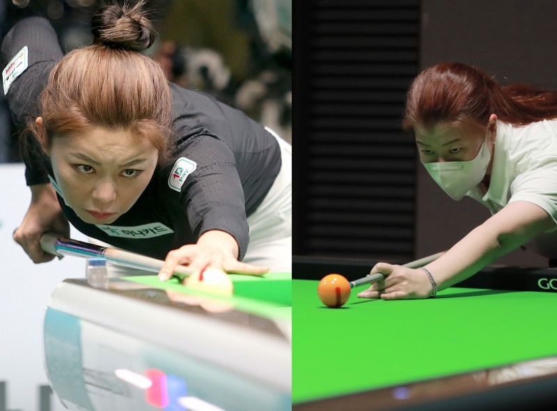 위. 프로 첫 4강 대결을 벌이는 히다(왼쪽)와 김보미. 아래. 김기영과 이마리(사진=PBA)