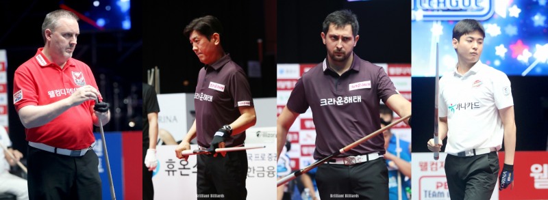 8강에 오른 쿠드롱, 김재근, 마르티네스, 신정주(왼쪽부터. 사진=PBA. 브릴리언트 빌리아드)