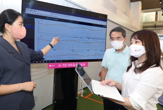 LG유플러스는 인공지능(AI) 기반 네트워크 자동화 3GPP 표준기술 장비인 ‘네트워크 데이터 분석 기능(NWDAF; Network Data Analytics Function)’을 통해 장애인지-자동조치 기술을 실증했다고 13일 밝혔다. 사진은 LG유플러스 직원들이 NWDAF를 활용한 네트워크 슬라이스 품질 보장기능을 검증한 결과를 확인하고 있는 모습. (사진 = LG유플러스 제공)