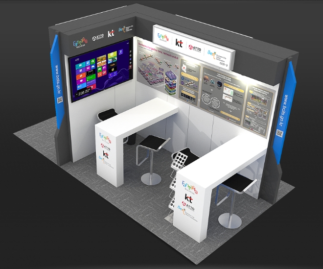 KT가 부천시와 함께 23일(한국시간)까지 미국 로스엔젤레스에서 개최되는 ITS 월드 콩그레스 2022에서 디지털 트윈 및 AI 기반 지능형 교통 기술을 소개한다. 사진은 KT와 부천시가 운영하는 ITS 월드 콩그레스 2022 부스 조감도. (사진 = KT 제공)