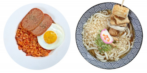 CJ프레시웨이가 신규 외식 브랜드 론칭을 지원하는 ‘브랜드 솔루션’ 사업을 본격화한다. 사진은 CJ프레시웨이 ‘브랜드 솔루션’ 사업을 통해 ‘두가지컴퍼니’가 론칭한 ‘밥앤동’의 대표 메뉴인 스팸 김치볶음밥(왼쪽)과 어묵 우동(오른쪽)