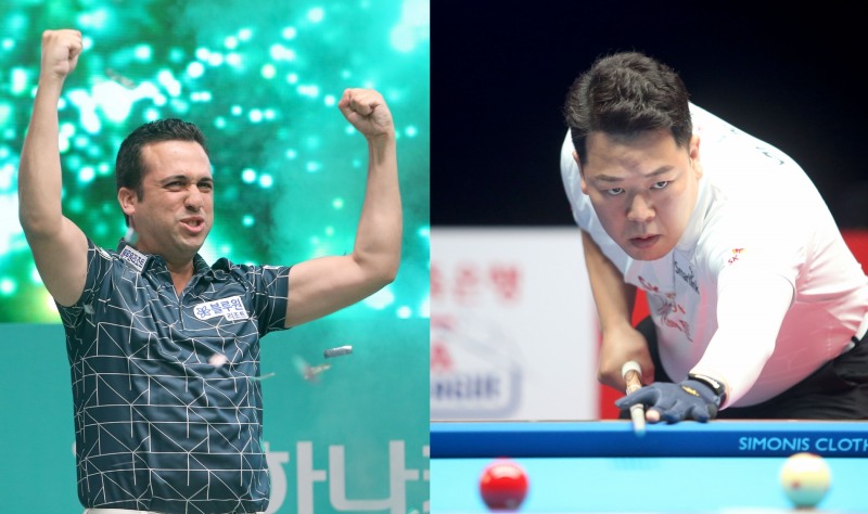 3세트 선봉대결 1, 2위 사파타(왼쪽)과 강동궁(사진=PBA. 브릴리언트 빌리아드)