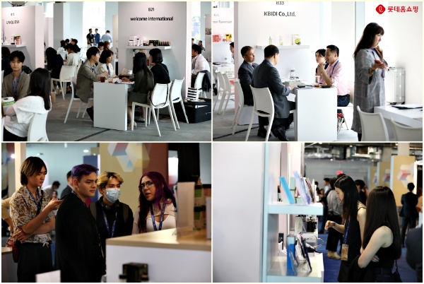 롯데홈쇼핑을 비롯한 롯데그룹 6개 유통사는 미국 뉴욕에서 '대한민국 브랜드 엑스포' 수출 상담회를 진행해 상담실적 5,106만 달러를 기록했다.(첫 번째 줄 수출상담회 현장 모습, 두 번째 줄 쇼케이스 현장 모습)