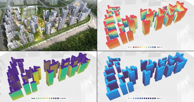 GS건설은 1호 사내벤처인 ‘인디드랩’이 업계 최초로 아파트 세대별 조망권과 일조량, 소음, 시세 등의 데이터를 한 눈에 볼 수 있는 애빈 ‘스택(stack.)’을 출시했다고 26일 밝혔다.  사진은 인디드랩의 스택을 통해 아파트의 각종 정보를 구현한 화면 사진. (사진 = 인디드랩 제공)
