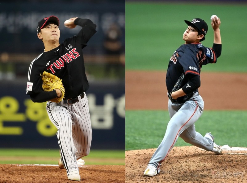 고교 2년 선후배 사이인 김윤식(왼쪽)과 문동주가 27일 대전구장에서 첫 맞대결을 벌인다. 올시즌 10승4로 압도적인 우세를 보이면서도 최근 한화전에 2연패를 한 LG로서는 선두 추격에 가속도를 붙일 수 있는 중요한 일전이다.