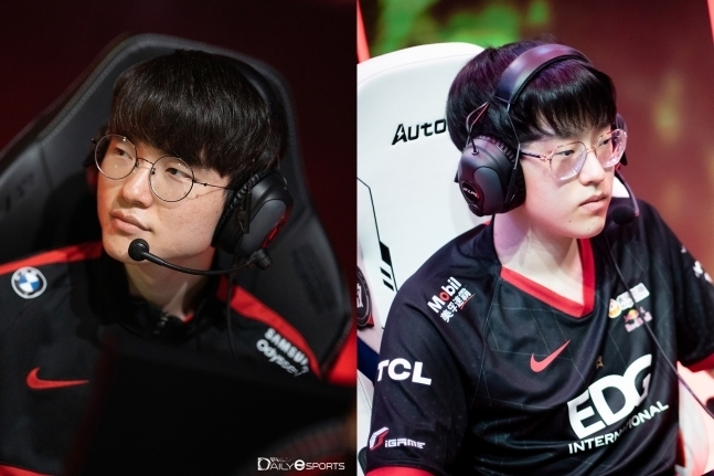 T1 '페이커' 이상혁과 EDG '스카웃' 이예찬.