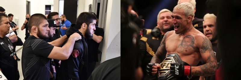 마카체프의 세컨을 보고 있는 하빕(왼쪽)과 올리베이라(사진르