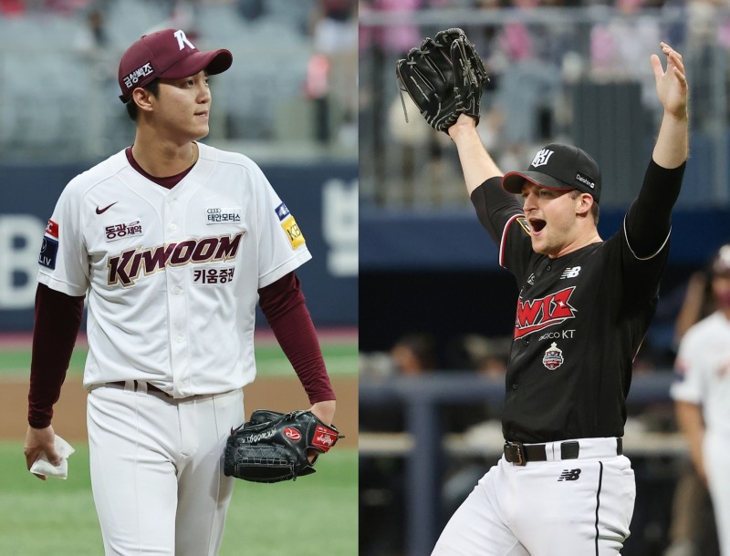위풍당당 안우진(왼쪽)과 환호하는 벤자민. 1, 2차전에서 서로 9탈삼진 무실점으로 똑같이 쾌투를 한 안우진과 벤자민이 운명의 5차전에서 벼랑끝 승부를 벌인다.