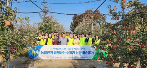 NH농협은행 기업투자금융부문 임직원들이 경기도 포천시 소재 사과농장에서 농촌 일손 돕기 활동 전 기념촬영을 하고 있다. /사진 제공=NH농협은행