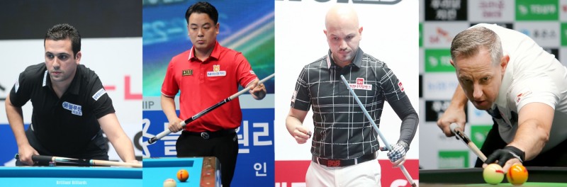 첫판 128강전에서 고배를 든 전챔피언들. 왼쪽부터 사파타, 조재호, 위마즈, 레펜스(사진=PBA.브릴리언트 빌리아드)