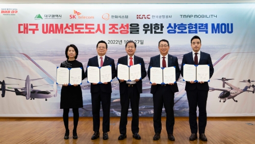 한화시스템은 27일 ‘K-UAM 드림팀’ 컨소시엄과 함께 '2022 대구 국제 미래모빌리티엑스포' 현장에서 대구광역시 UAM 상용화 추진을 위한 업무협약(MOU)을 체결했다. 사진 왼쪽부터 이미애 한국공항공사 부사장, 어성철 한화시스템 대표이사, 홍준표 대구시장, 유영상 SK텔레콤 CEO, 박서하 T맵모빌리티 미래모빌리티담당. (제공 : 한화시스템)