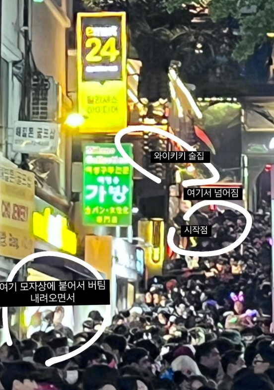 한 여성 트위터가 올린 현장 사진 모습. 최초 밀리기 시작한 지점과 자신이 있으면서 버텼던 지점을 상세하게 올렸다. /트위터 출처 제공 = 양꾼TV