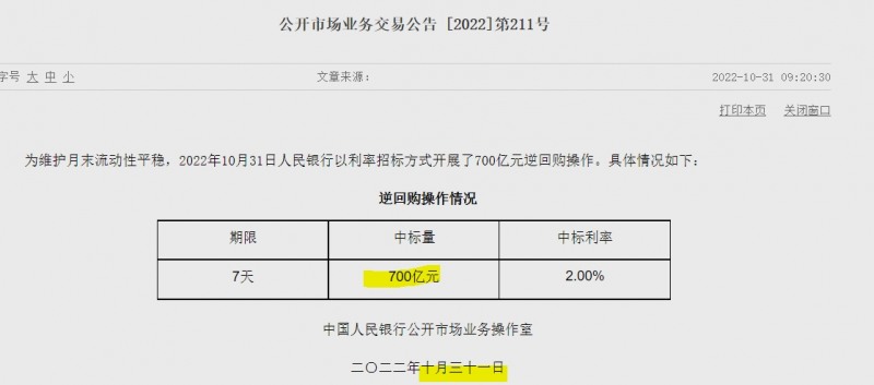 자료= 중국인민은행 홈페이지, 공개시장업무 거래공시 제211호