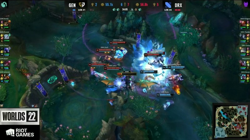 LCK 1번 시드를 무너뜨린 마지막 전투의 시작을 알린 조건희의 궁극기 활용(사진=중계 화면 캡처).