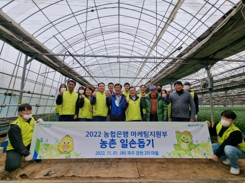 1일 경기도 파주시 적성면 소재 자매결연 마을에서 NH농협은행 임동순 수석부행장(앞줄 오른쪽 세 번째)과 마케팅지원부 직원들이 농촌 일손돕기 실시 전 기념촬영을 하고 있다. / 사진 제공 : NH농협은행