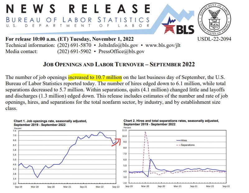 자료=미국 노동통계국(BLS), 2022년 9월 구인 및 이직보고서(JOLTS)
