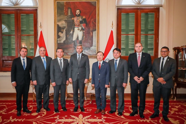 지난달 28일(현지 시간) 파라과이 아순시온 대통령 궁에서 장재훈 현대차 사장(사진 왼쪽 세번째)이 마리오 압도(Mario Abdo) 대통령(사진 왼쪽 네번째), 훌리오 세자르 아리올라(Julio César Arriola) 외교부 장관(사진 오른쪽 두번째), 페드로 만꾸에조 페레즈(Pedro Mancuello Pérez) 상공부 차관(사진 오른쪽 첫번째), 우인식 주파라과이 한국대사(사진 오른쪽 네번째) 등 양측 관계자들과 부산세계박람회 유치 관련 간담회를 가진 뒤 기념사진을 촬영하고 있다.