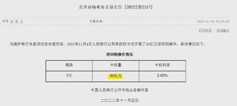 자료= 중국인민은행 홈페이지, 공개시장업무 거래공시 제215호