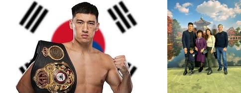 태극기를 배경으로 찍은 비볼과 알바레즈에게 이긴 후 경복궁 향원정을 배경으로 가족 사진을 찍은 비볼(오른쪽. 사진=유튜브및 연합)