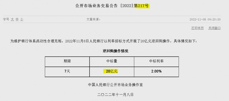 자료= 중국인민은행 홈페이지, 공개시장업무 거래공시 제217호