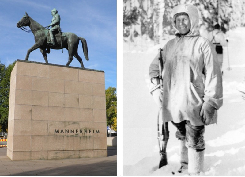헬싱키 시내 중심에 있는 칼 구스타프 에밀 만네르헤임 남작 동상(왼쪽)과 필란드 역사상 최고 저격수로 꼽히는 시모 해위해(오른쪽).
